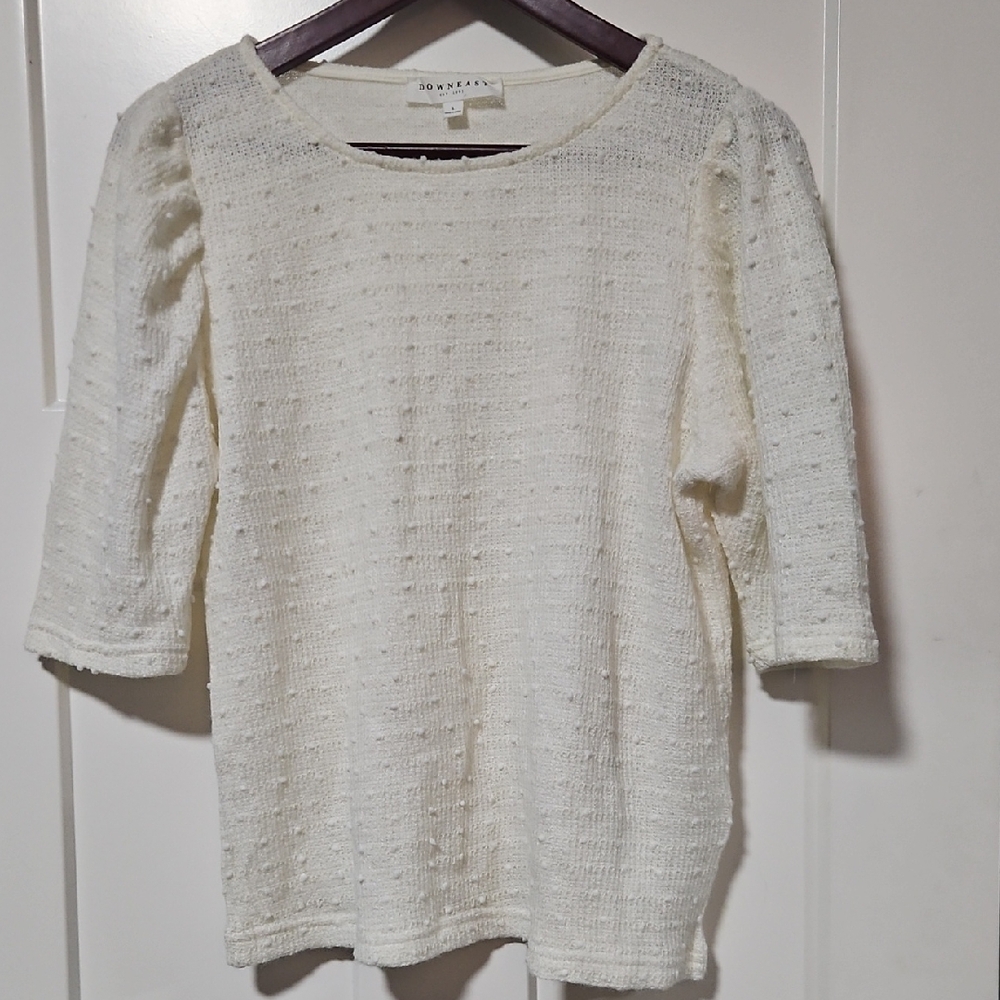 Downeast Cream Swiss Dot Textured Knit Top Women's Large